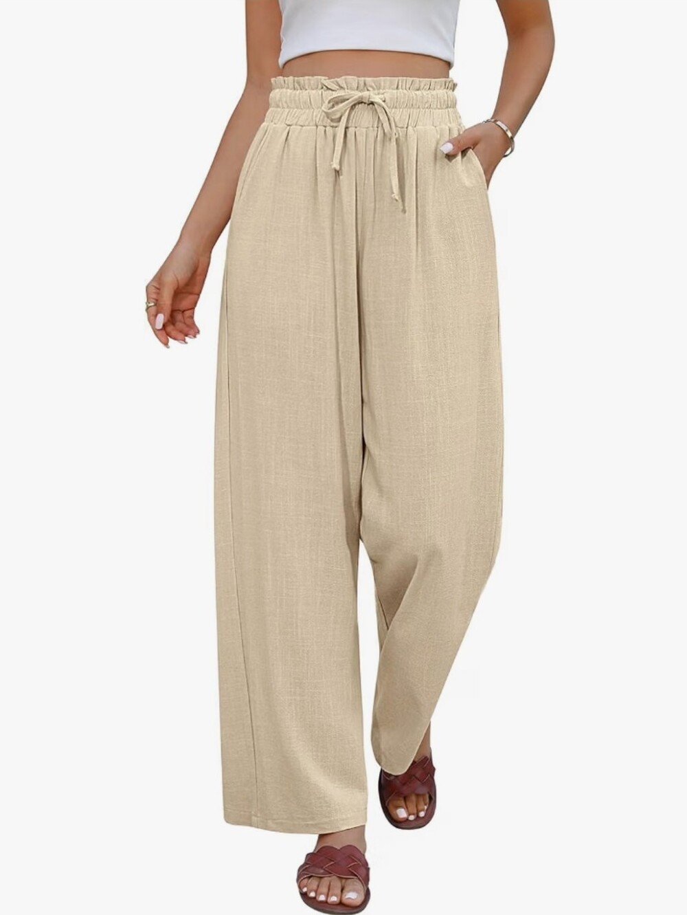 Linen Pant Women Wide Leg High Waist Drawstring Palazzo Summer Casual